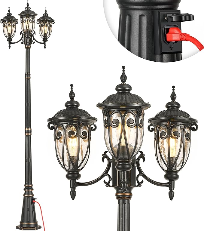 VIANIS Outdoor Lamp Post Light with Outlet Dusk to Dawn Black Light Lamp Posts for Outside with 3 Head Waterproof Post Lights Outdoor for House Doorway Driveway Anti-Rust