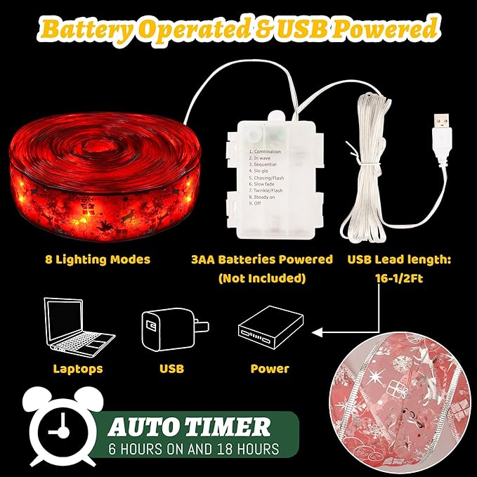 Xmas Decorations 2.5Inch x 33Ft 100 Led Xmas Tree Ribbon Lights w/ Remote Control Battery Operated &amp USB Powered 8 Lighting Modes Fairy String Lights w/ Timer Xmas Decor (Vi23090904)