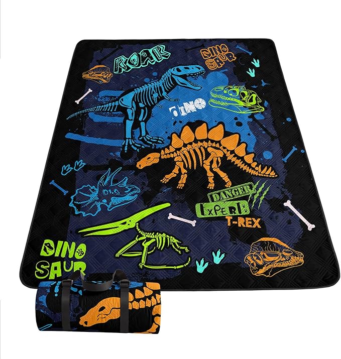 Outdoor Picnic Blanket Portable Ultrasonic Waterproof Picnic Dinosaur Theme Cartoon Printed Camping Beach Mat for Sand and Wet Grass Hiking (Dinosaur L
