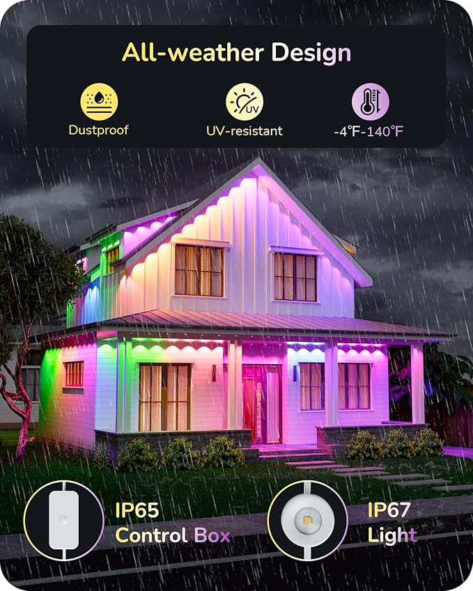EDISHINE 60ft Permanent Outdoor Lights 40 LED Eave Light with App/Remote Smart Rainbow RGBW Holiday Light with 50 Scene Modes IP67 Waterproof for House Compatible with Alexa Google Assistant