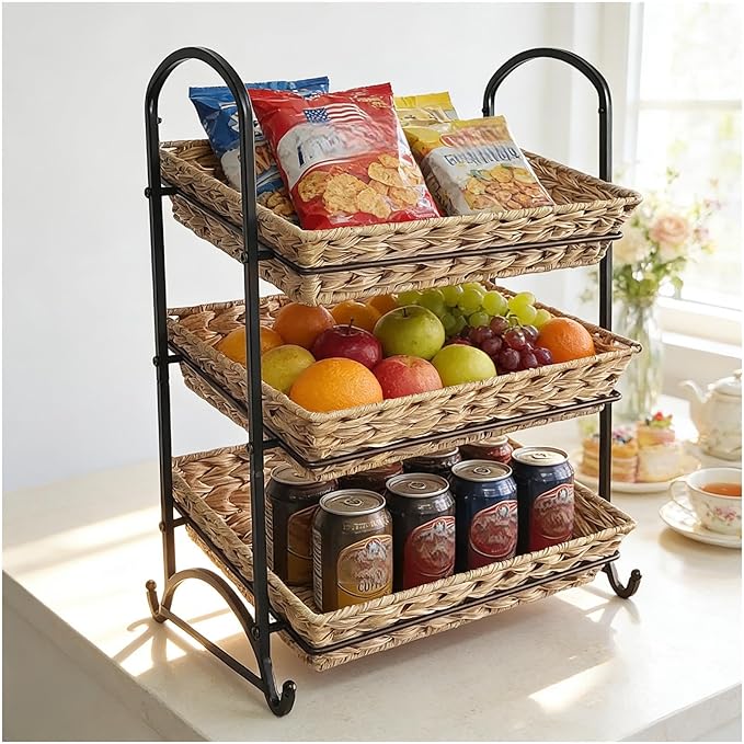 Stackable Candy Display Rack with Rattan |Stackable Candy Organizer|Multi-Function Snack Rack&ampShelf for Chips |Perfect Display Solution for Stores (Brown Large)