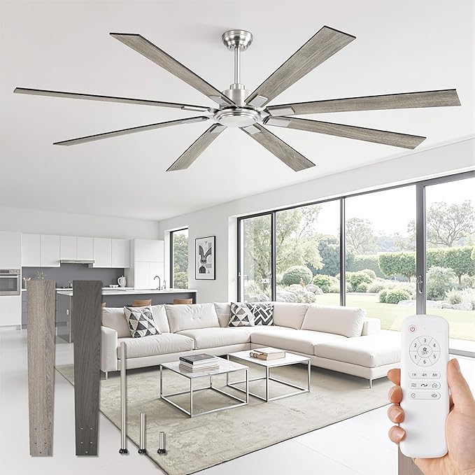 80 Inch Ceiling Fan No Light with Remote Control 8 Blades Quiet DC Reversible Motor 6-Speed Timer Brushed Nickel Finish Indoor Outdoor Ceiling Fans for Patios Living Room Garage
