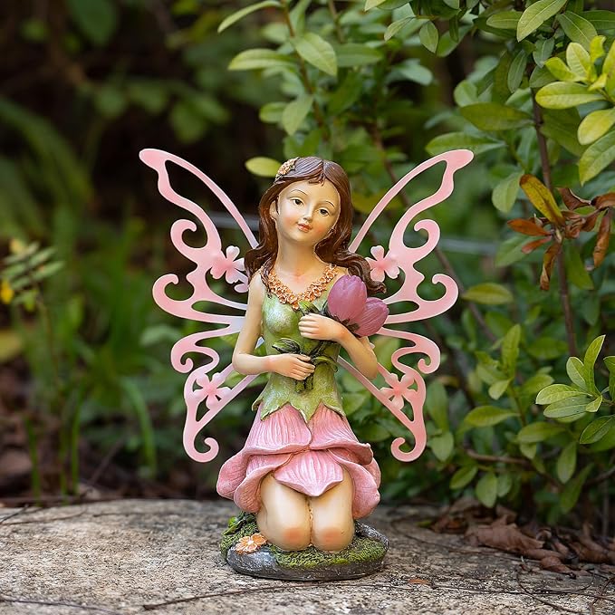 Fairy Decor Solar Outdoor Statue Accessories for Fairy Garden Gifts - Resin Figurine for Patio Yard Lawn Size 8.35 x 4.92 x 10.82 inches
