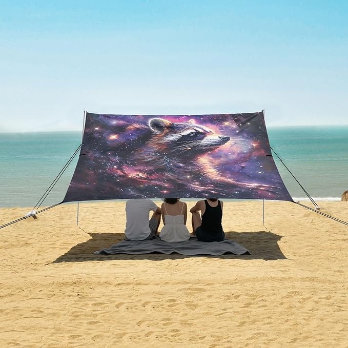 ALAZA Raccoon Nebula Galaxy Beach Tent Sun Shelter UPF50+ Protection Beach Shade Canopy w/ 4 Sandbags for Outdoor Camping Fishing Backyard Fun Picnic 10x9 ft