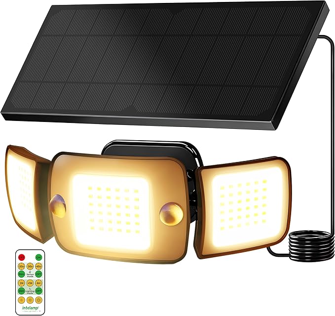 intelamp Outdoor Solar Flood Light Waterproof Upgraded 6000mAh 1500LM/3000K Warm White 108 LED Dual Motion Sensor Dusk to Dawn Security Floodlight Exterior with Remote for Outside Garden Yard