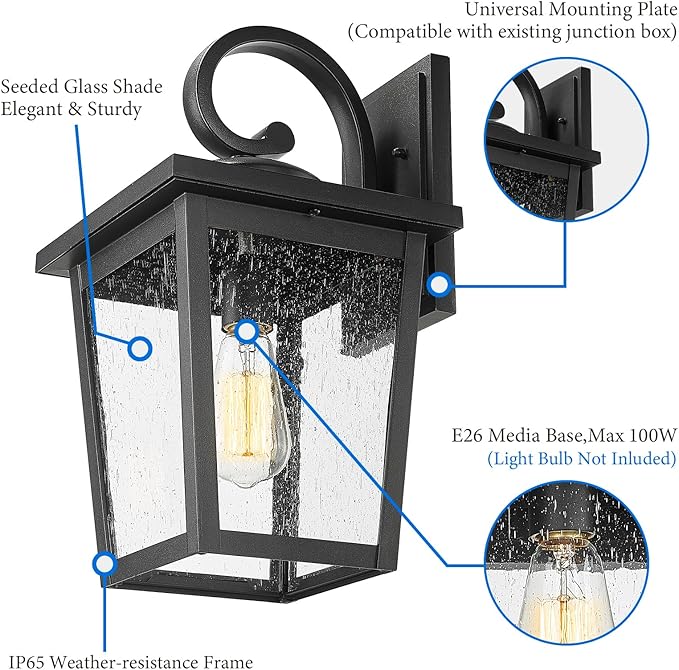 Outdoor Light Fixtures Wall Mount Waterproof Exterior Wall Lanterns with Seeded Glass Outside Wall Sconces Front Porch Lights for House Garage Doorway Patio Large