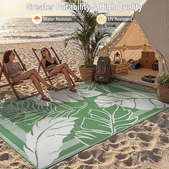 HUGEAR 8'x10' Outdoor Rug Waterproof Plastic Straw Rugs Large Green Reversible Olive Leaf Mat Floor Carpet for Camping RV Deck Entryance Porch Picnic Balcony Beach Backyard