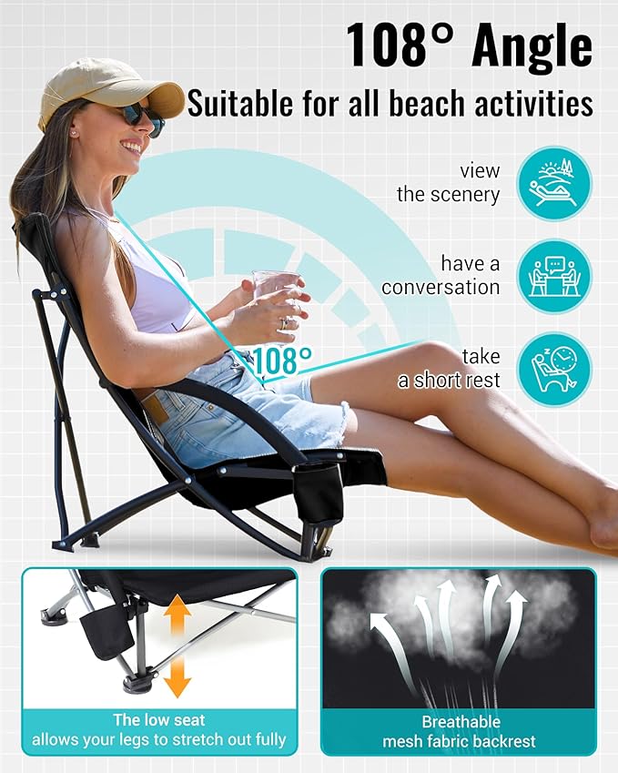 KingCamp Low Beach Chair High Back Folding Camping Chair for Adults Oversized Breathable Mesh Seat 300lbs Heavy Duty Portable Chair with Cup Holder &amp Storage Pockets for Beach Outdoor