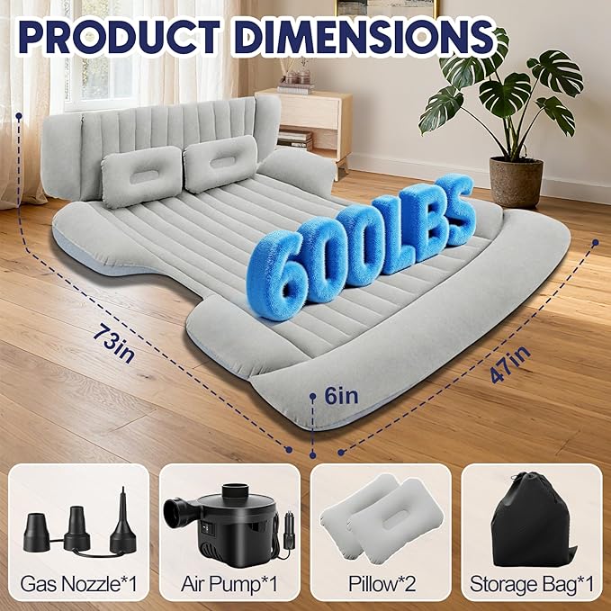 SUV Air Mattress with Air PumpThickened Camping Bed with 2 PillowsPortable Car Air MattressQuick Easy Set-UpInflatable Bed for carDurability Car Bed for SUVHomeTravelCamping(GreyWhite)