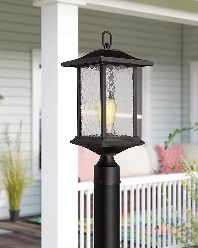 Beionxii Dusk to Dawn Outdoor Post Lights 21inch Large Exterior Lamp Post Light Pier Mount Lantern with Base Black Cast Aluminum w/Water Glass - A272P-1PK (NOT Solar 110-120V AC)