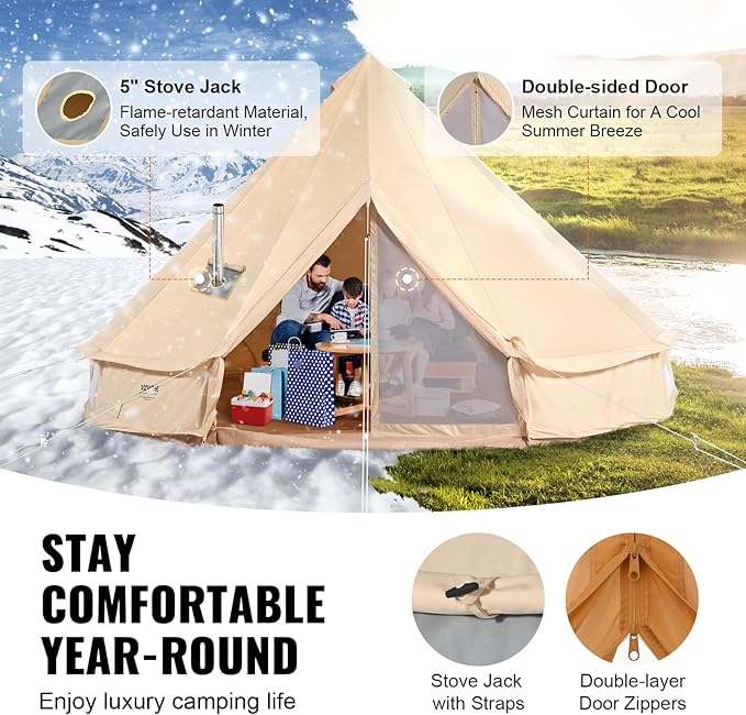 VEVOR Canvas Tent Bell Yurt 4 Seasons for Camping with Stove Jack Breathable Holds up to 4 People Family Camping Outdoor Hunting Party