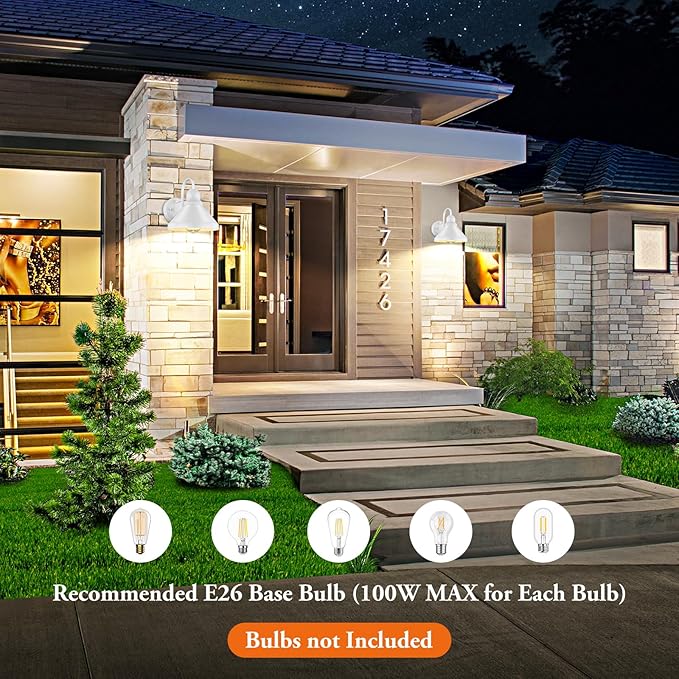 Brightever Gooseneck Outdoor Wall Lanterns Pack of 2 Exterior Light Fixtures Anti-Rust Outside Barn Wall Mount Sconces Waterproof White Patio Wall Lamps for House Front Door Bulb Excluded