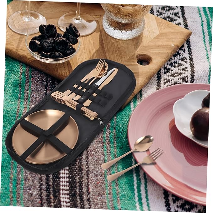 1set Stainless Steel Cutlery with Case Portable Camping Utensil Kit for Outdoor Dining Elegant Finish Includes Spoons Forks Knives Easy to Clean for Picnics and Hiking