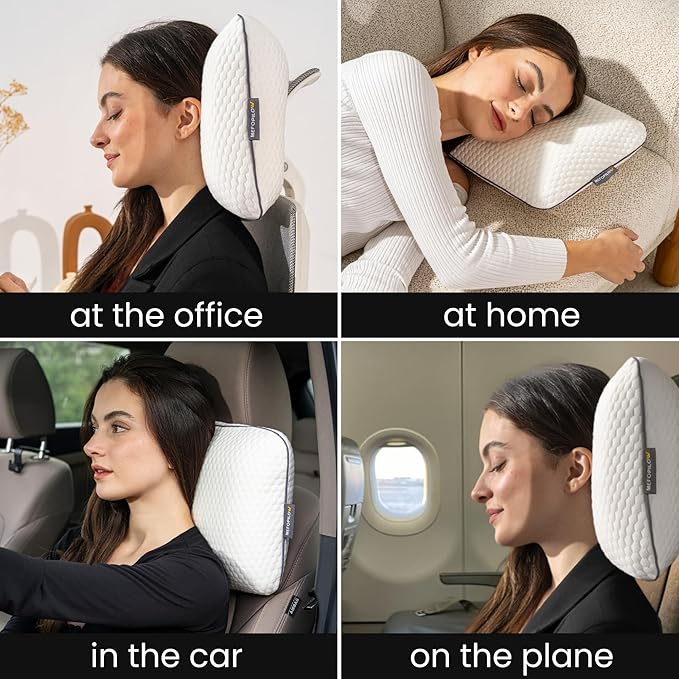 Memory Foam Travel Pillow with Washable Cover &amp Carry Bag – Compact Soft &amp Breathable Neck Pillow for Airplane Camping &amp Car (White- with Extra Pink Cotton Cover 15.7x9.8x3.9 inches)