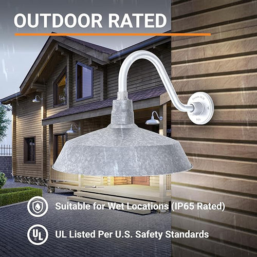 17in. Galvanized Finish Outdoor Gooseneck Barn Light Fixture with 14.5 in. Long Extension Arm - Wall Sconce Farmhouse Vintage Antique Style - UL Listed - 9W 900lm A19 LED Bulb (5000K Cool White)