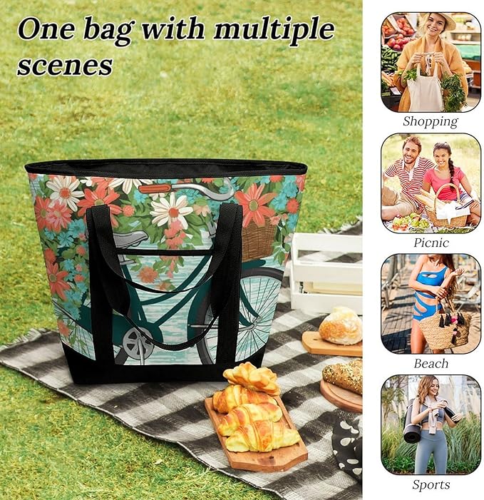 Insulated Shopping BagLarge Reusable Cooler Bags Bicycle with Flower Printed Foldable Shopping BagTravel Waterproof Shoulder Bag