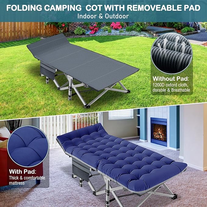 NAIZEA Folding Camping Cots for Adults Folding Cot with Mattress Camping Foldable Bed Portable Military Cot Double Layer Oxford Strong Heavy Duty Sleeping Cots w/Carry Bag for Camp Office Travel