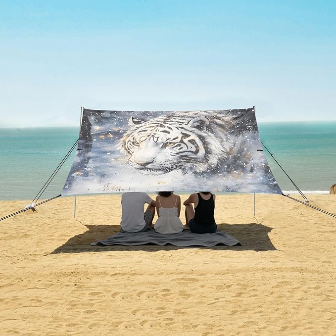 ALAZA White Tiger Beach Tent Sun Shelter UPF50+ Protection Beach Shade Canopy w/ 4 Sandbags for Outdoor Camping Fishing Backyard Fun Picnic 10x9 ft