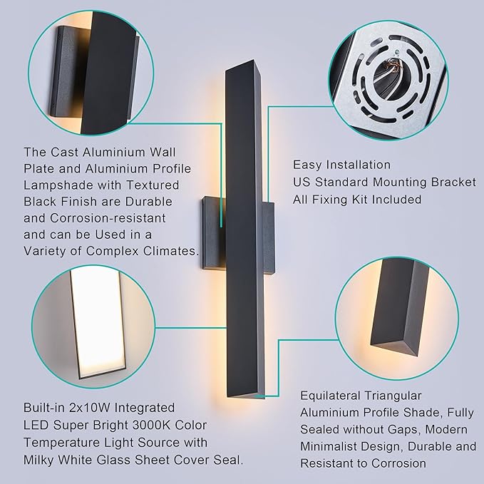 Modern Outdoor Porch Light Patio Lamp in 20W 3000K Integrated LED with Aluminum Triangle &amp Frosted Glass IP65 Waterproof Wall Sconce2 Pack(Textured Black)Can Installed in Any Direction.