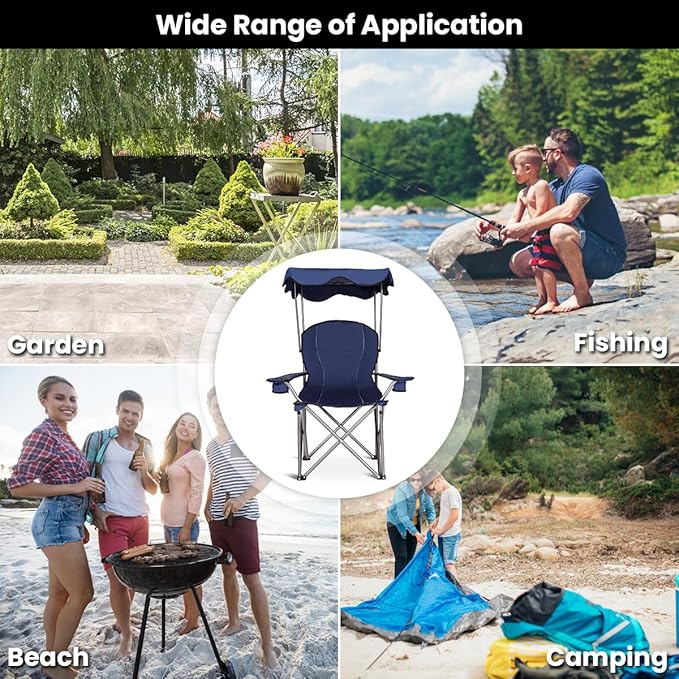 KOTEK Camping Chair with Canopy Portable Canopy Chair with Shade Cup Holder &amp Carry Bag Outdoor Folding Chairs for Sports Events Fishing Beach Picnic Hiking Travel (Blue)