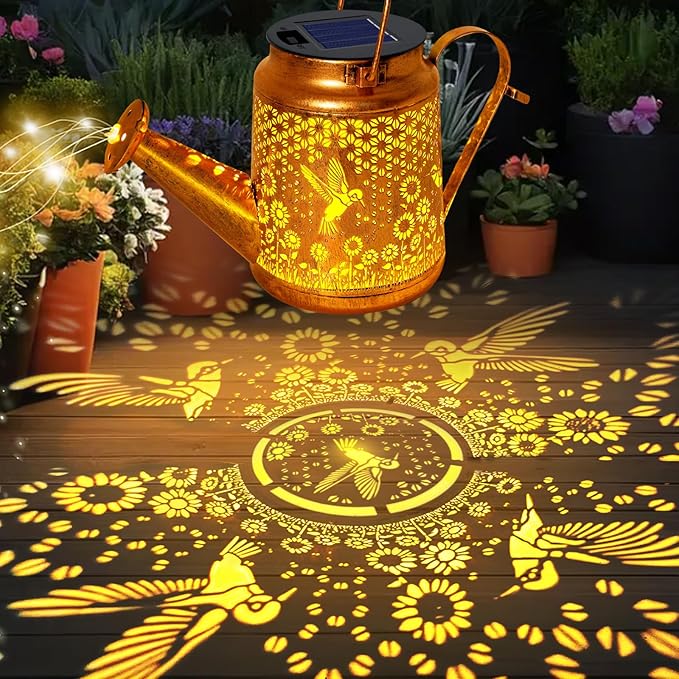 Hummingbird Solar Lights Outdoor Waterproof Birthday Gifts for Christmas Mom Grandma Women Solar Watering Can Lights with Shepherd Hook Metal Hanging Lantern Garden Decor Yard Outside Patio Lawn