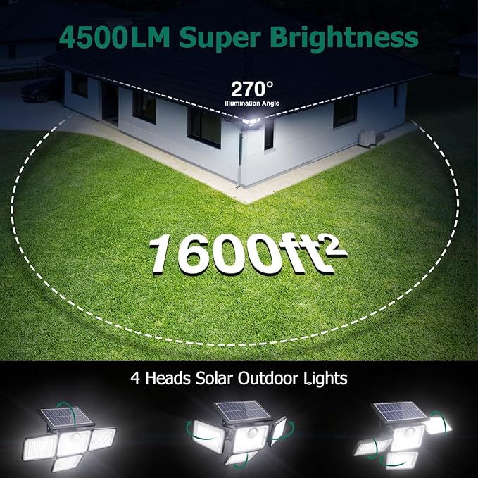 4500LM Solar Lights Outdoor 4 Adjustable Heads Motion Sensor Lights 3 Modes 6500K IP65 Waterproof Solar Security Wall Lights Remote Control Flood Lights Garden Outside Backyard 3 Pack