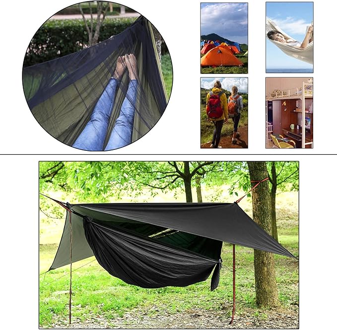 Portable Single Double Nylon High Strength Parachute Hammock Rainfly Set Camping Hammock with Rain Fly Tarp and Mosquito Net Tent Tree Straps Backpacking Hiking Travel Yard Outdoor Activities
