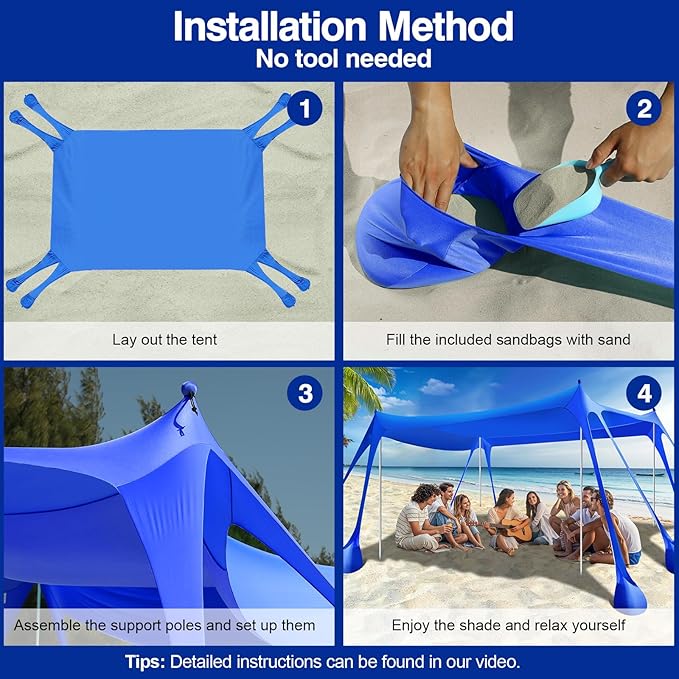 Rhino Valley Beach Tent Shade Canopy UPF50+ Protection 8 Sandbags 4 Stability Poles Outdoor Sun Shelter Umbrella for Sand Camping Fishing Essentials