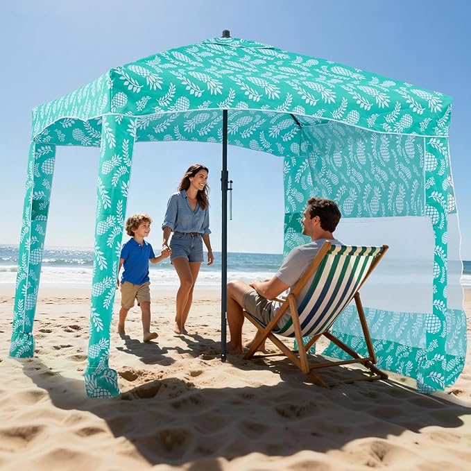 VEVOR Beach Cabana 6 x 6 ft Beach Canopy with Side Wall UPF 50+ Protection Easy Setup Cabana Tent with Sand Pockets Large Portable Shade Sun Shelter Outdoor Umbrella for Whole Family &amp Friends