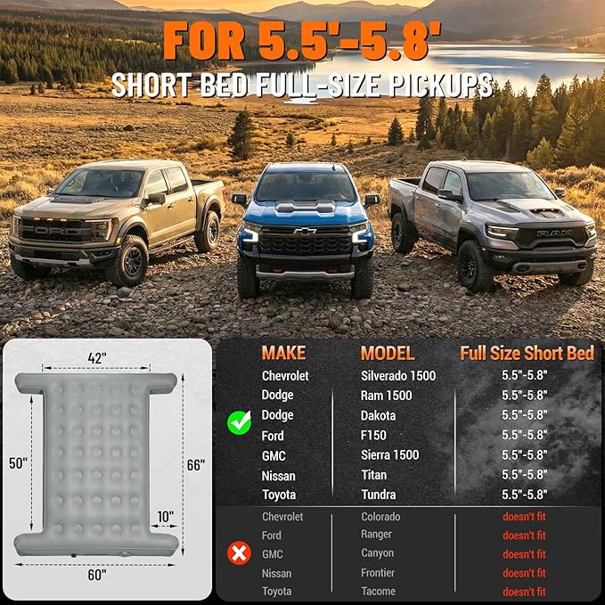 Truck Bed Mattress 5.5-5.8ft for Full-Size Pickup Fabric Texture Truck Bed Air Mattress Side Space for Stuff Customized for F150/Silverado/Ram1500 with Detachable Air Pump for Road Trips &amp Tra