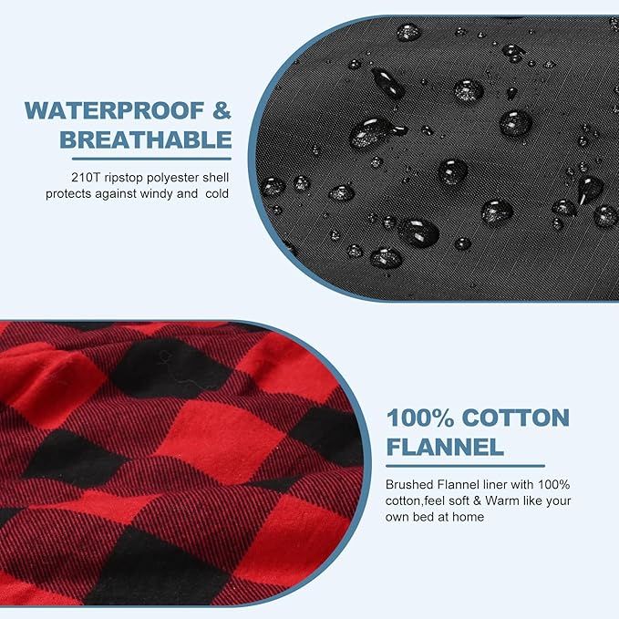 AGEMORE Cotton Flannel Double Sleeping Bag with Fleece Lined Hood Waterproof Queen Size 2 Person Sleeping Bag for Adults Cold Weather Camping Backpacking or Hiking 3-4season