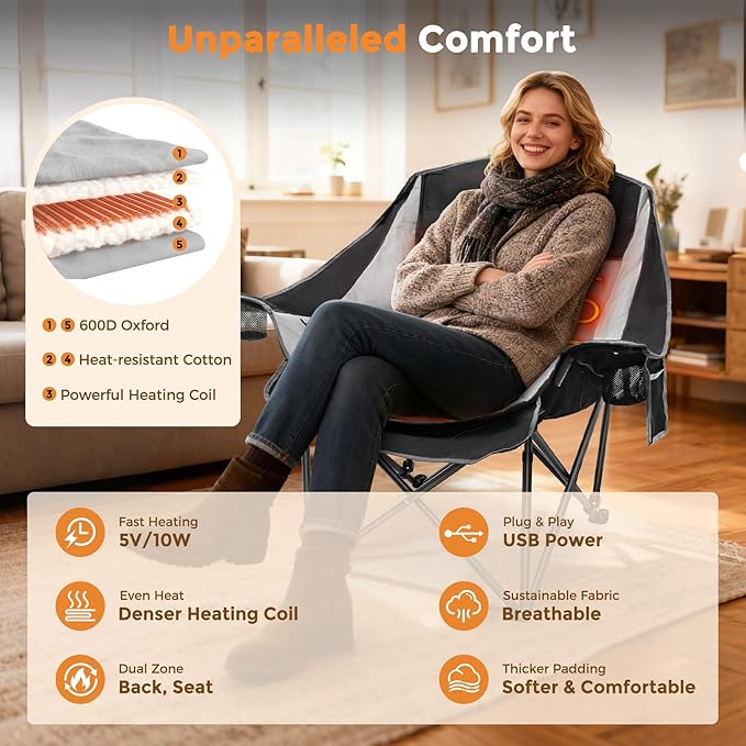 Suteck Heated Camping Chair Oversized Heated Chairs W/3 Heat Levels &amp 2 Heating Zones Portable Heated Folding Chair Use for Outdoor Sports Camping Lawn Battery NOT Included