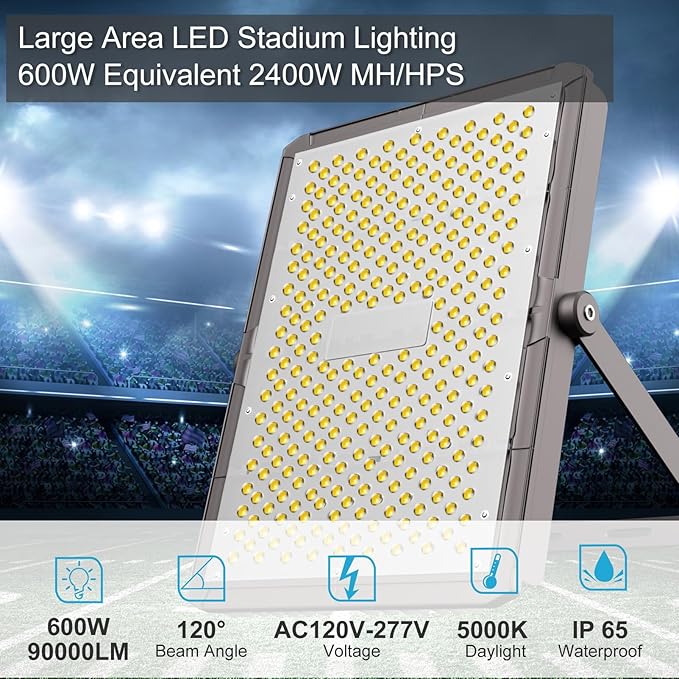 Upgrade 600W LED Stadium Flood Light Outdoor 90000Lm Led Flood Light with Adjustable Bracket IP65 AC100-277V Commercial Area Lighting with Plug for Backyard/Basketball Court-2Pack