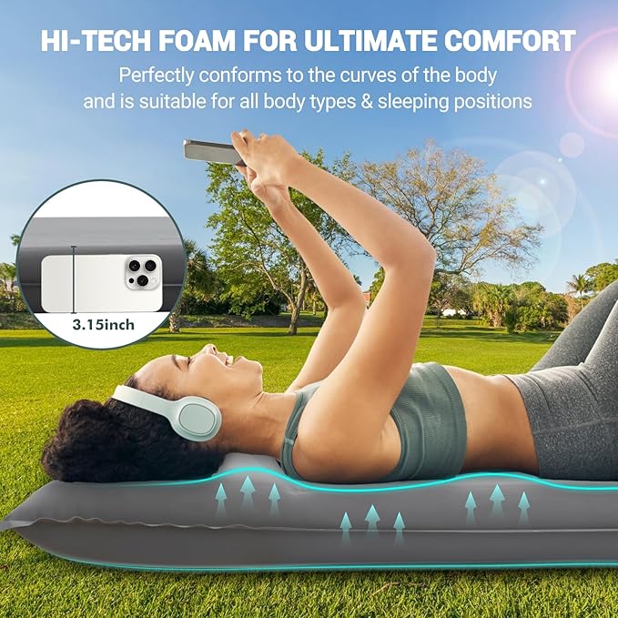 Elegear CumbreX™ Self Inflating Sleeping Pad Built-in Electric Pump 3.15 Ultra-Thick Memory Foam Camping Mattress Pad with Pillow Double Sleeping Pad for Camping R-value 9.5 Foam Camp Pad for Travel