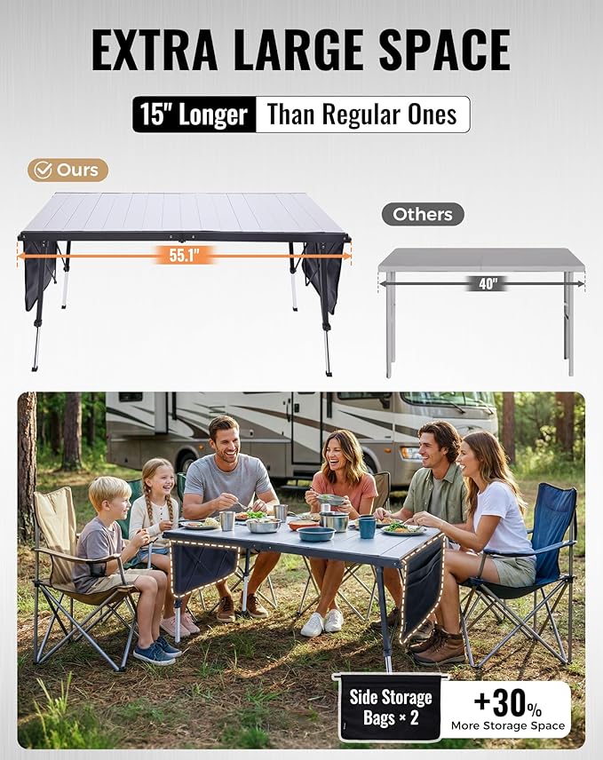 KingCamp Folding Camping Table Foldable 55.1 x27.6 Aluminum Roll Up Table with Adjustable Height 6-7 Person Large Camp Tables Outdoor with Carrying Bag for BBQ Patio Picnic Loads 265 Lbs