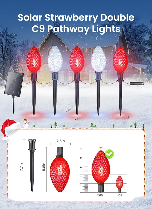 Minetom Solar Double C9 Strawberry Christmas Pathway Lights Outdoor -16FT 10 LED C9 Christmas Lights with Timer8 ModesSolar Christma Outdoor Decorations for Lawn Outside WalkwayRed &amp White