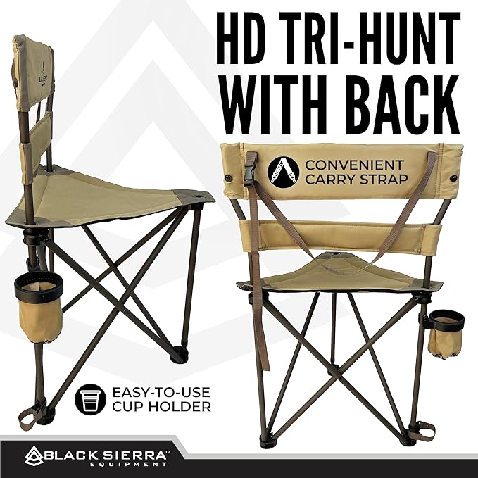 Black Sierra XL Tripod Hunting Stool Foldable Tripod Seat w/Steel Frame Supports 300 Lbs Heavy Duty Fishing Chair Features Cup-Holder &amp Carry Shoulder Strap for Camping (TAN 2)