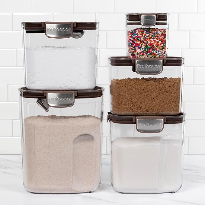 ProKeeper+ Airtight Food Storage Container Set – Clear Plastic Flour and Sugar Canister Set with Magnetic Accessories for Kitchen Organization (Brown 9-Piece)