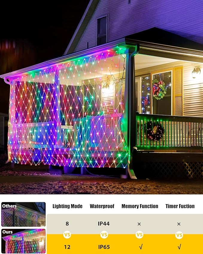 12 x 5FT 360 LED Christmas Net Lights Outdoor for bushes Waterproof IP65 12 Modes Connectable Extendable Bush Net Christmas Lights Outdoor Mesh Light for Bushes Tree Yard Garden Multicolor