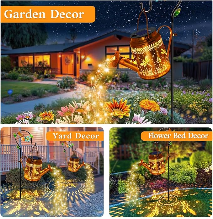 Solar Lights Outdoor Garden Decor Dragonfly Hanging Watering Can Landscape Lights Waterproof Yard Decorations for Outside Porch Patio Backyard Gardening Gift for Mom Grandma Women Birthday