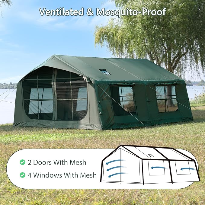Inflatable Camping Tent with Hand Pump Waterproof Outdoor Blow up Tent 2-8 Person Oxford 4 Season Glamping Air Tent Cabin House with Mesh Windows &amp Door