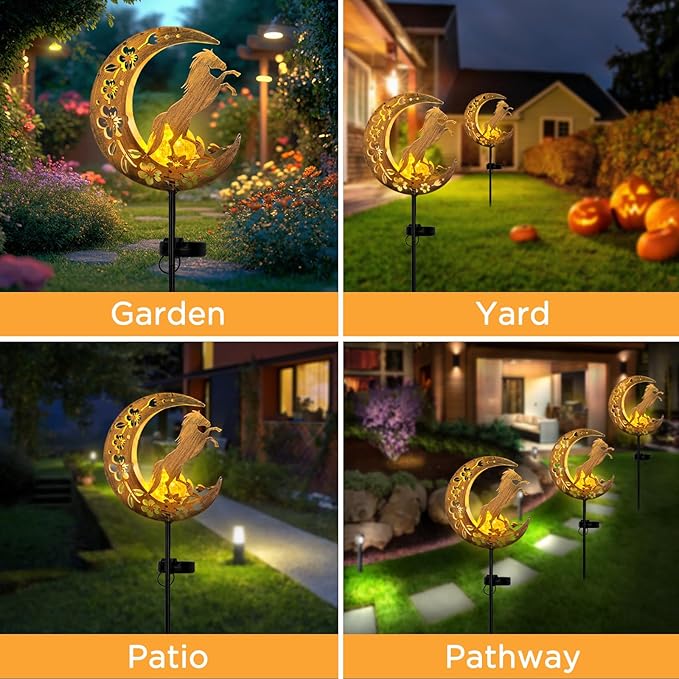 Solar Lights Outdoor Waterproof - Moon &amp Horse Landscape Lighting Weatherproof SolarGarden Stakes with 8-10H Auto On/Off Decorative Pathway Markers for Driveway/Walkway/Equestrian Farms