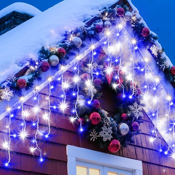 XURISEN 66ft Christmas Lights Decorations Outdoor 640 LED 8 Modes Curtain Fairy Lights with 120 DropsPlug in Waterproof Timer Memory Function for Christmas Holiday Wedding Party Decor(Blue+Cool)