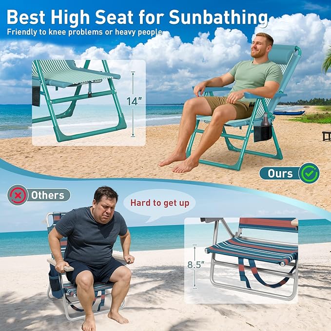 Suteck Backpack Beach Chairs for Adults 2 Pack 6-Position Folding Reclining Chair with Cooler Bag &amp Cup Holder Lightweight Portable Beach Chair for Camping Outdoor Sand Travel Use
