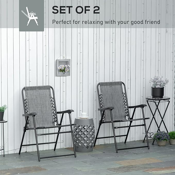 Outsunny Set of 2 Patio Folding Chairs Outdoor Bungee Sling Chairs w/Armrests Portable Lawn Chairs for Camping Garden Pool Beach Backyard Gray