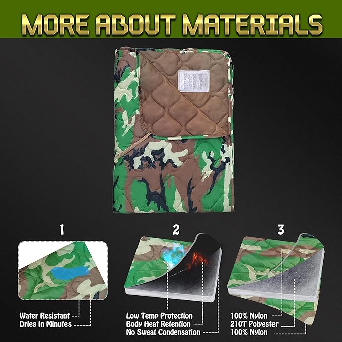 Woobie Blanket Thermal Insulated Military Poncho Liner Water-Resistant Portable Insulation for Hiking Survival with Compression Carry Bag (Forest)