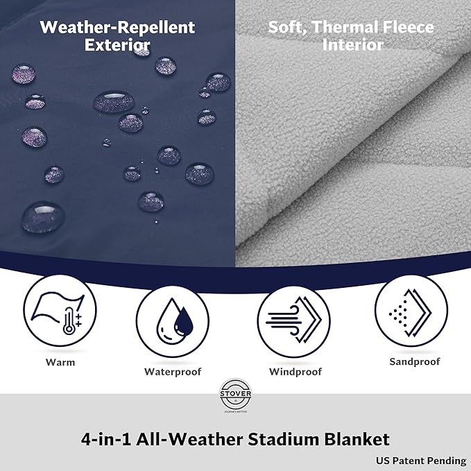 STOVER Large Waterproof Outdoor Stadium Blanket- Extra Thick Soft Fleece Camping Blanket for Travel Picnics Sports Dogs 79x55 Warm Windproof Sand-Proof Lightweight Packable (Alpine Blue)
