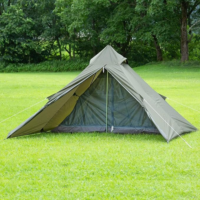 Camping Teepee Tent - Ultralight Backpacking Tent for 1 Person Waterproof With Mosquito Net Included Solo Green