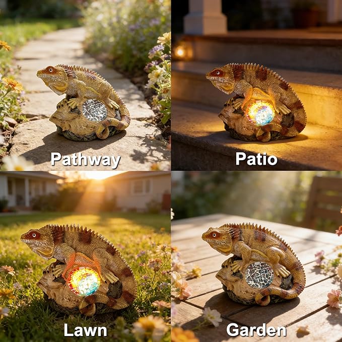 Solar Chameleon Garden Statues Decor for Outdoor Khaki Chameleon Figurine Lights for Lawn Patio Yard Decoration - Unique Christmas Housewarming Gifts for Grandma Wowen Mom