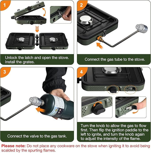 2 Burner Camping Stove with Windscreen 12 Plates Foldable Portable Aluminum Camping Stove Windshield Folding Gas Stove with 17200 BTU Adjustable Burners Suitable for Propane &amp Butane